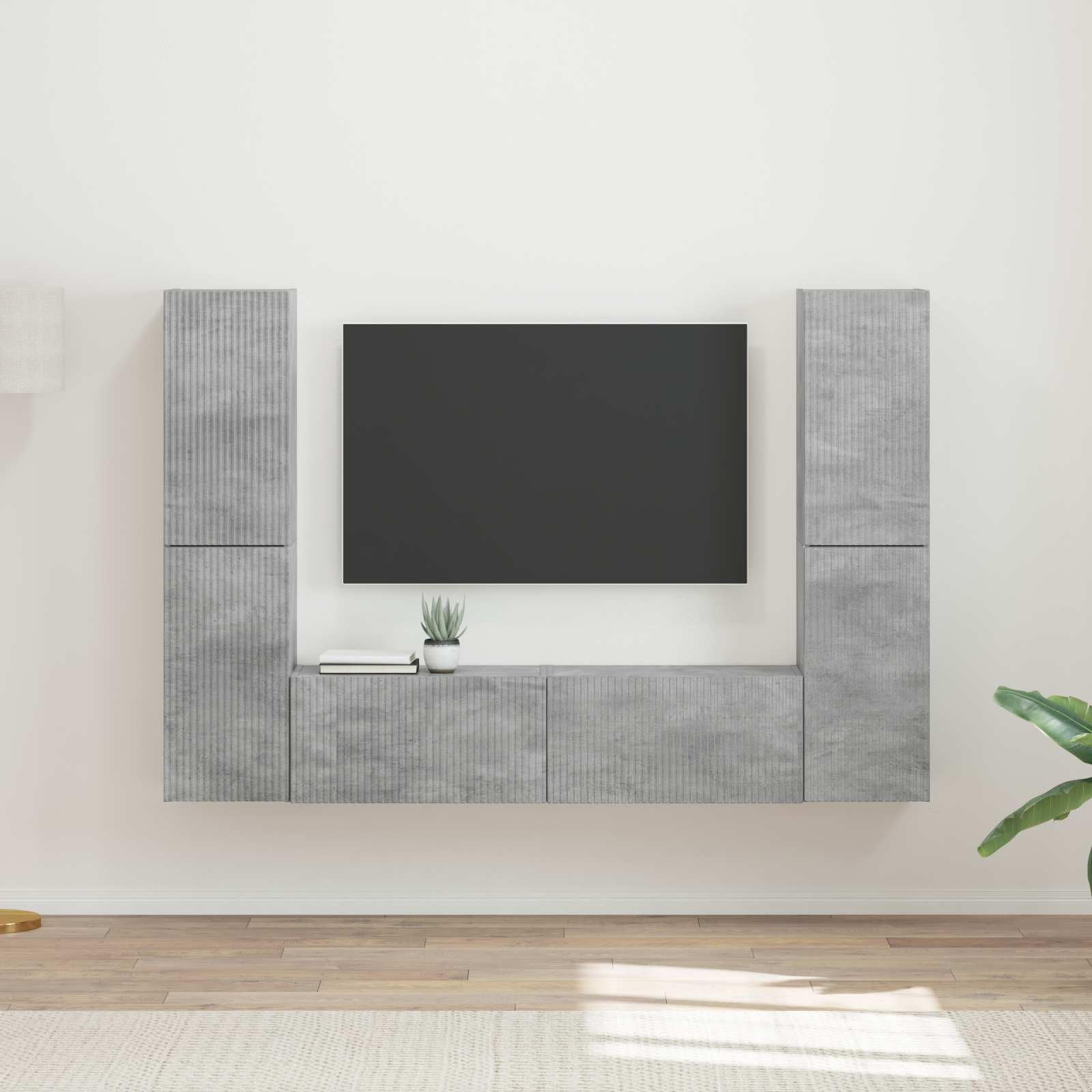 Zestaw szafek TV 6 szt. szary beton materiał drewnopochodny z miejscem do przechowywania, szufladami, zarządzaniem kablami, do salonu, kina domowego, urządzeń multimedialnych i konsoli do