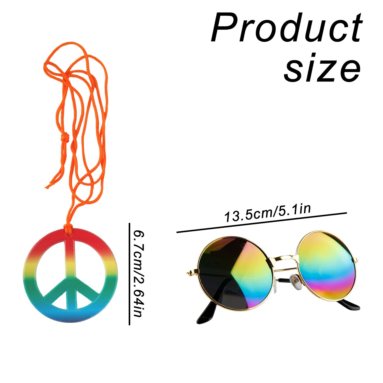 Bojueshaw 3pcs Hippie Costume Set,60s/70s Flower Headband,Round Sunglasses & Peace Necklace for Disco Style Music Festivals & Theme Parties - Image 2
