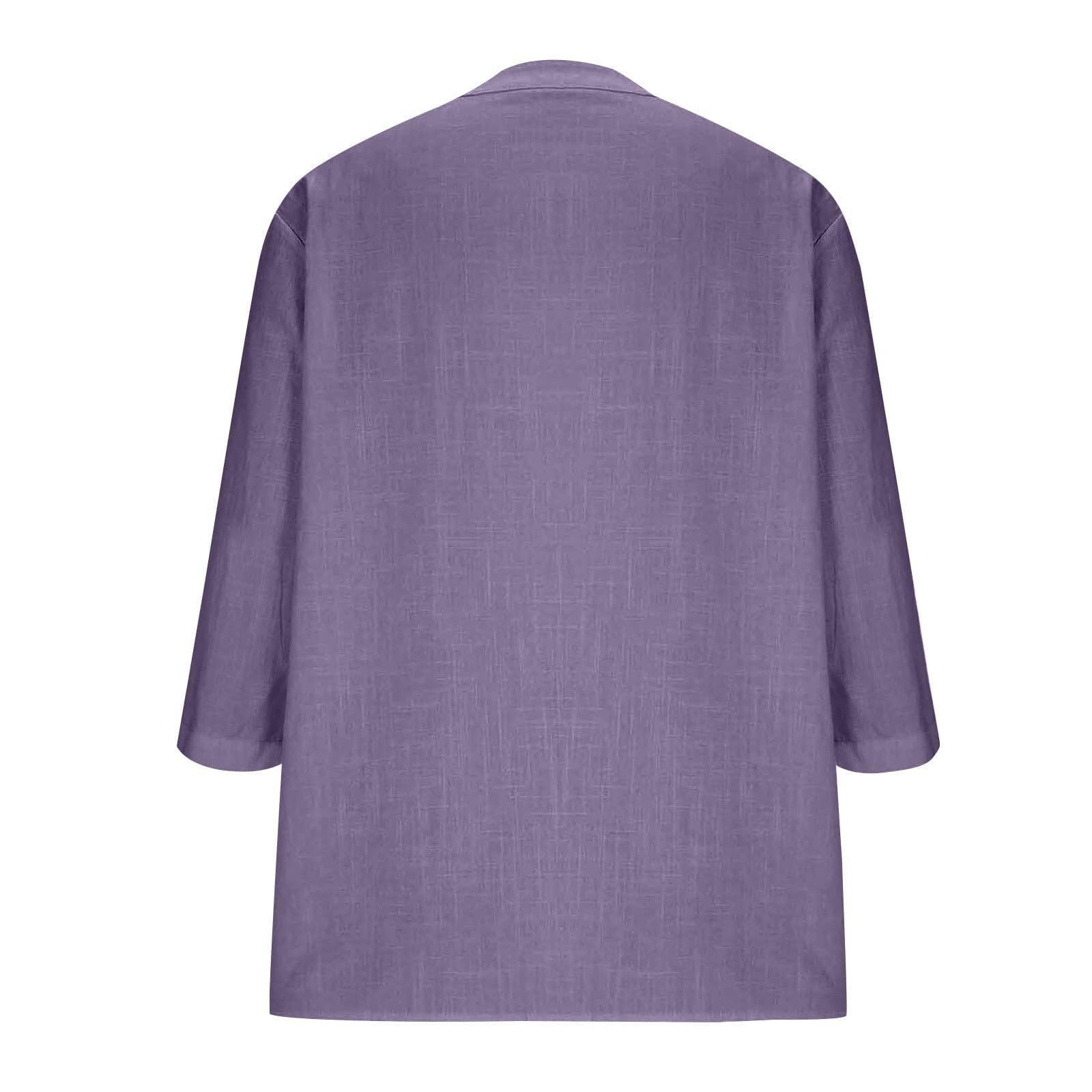 Camicetta da donna in mussola con maniche a 3/4, in lino, scollo a V, con bottoni | Materiale traspirante in cotone e lino, vestibilità comoda, versatile, elegante abbottonatura