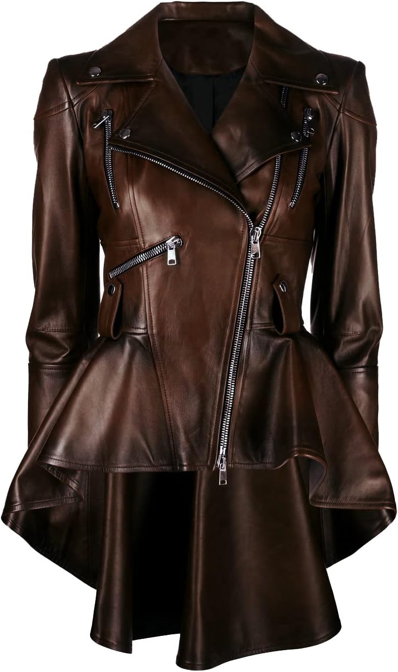 VearFit Alexzender Medusa Black Peplum Fashionable Long Tall Women Coat Blazar Lambskin Leather Jacket For Women