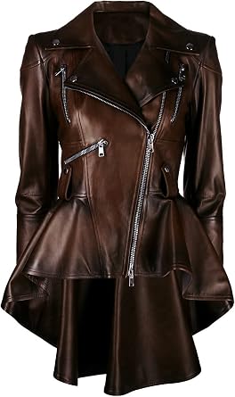 Alexzender Medusa Black Peplum Fashionable Long Tall Women Coat Blazar Lambskin Leather Jacket For Women