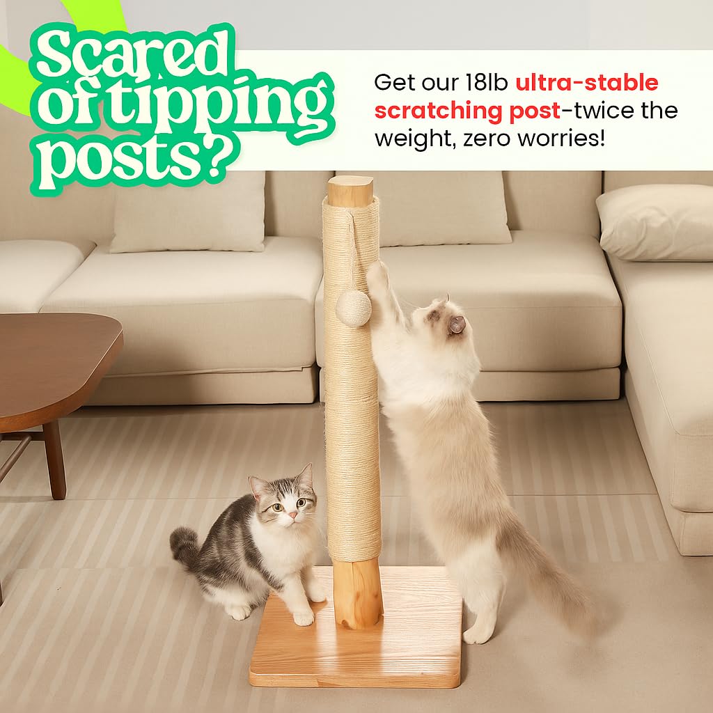 KONELCARE Premium 35" Cat Scratching Post – Natural Pear Wood, Sisal Rope, Rubber Wood Base with Oak Skin, Ideal for Large Cats, Free Rope Replacement - image 3