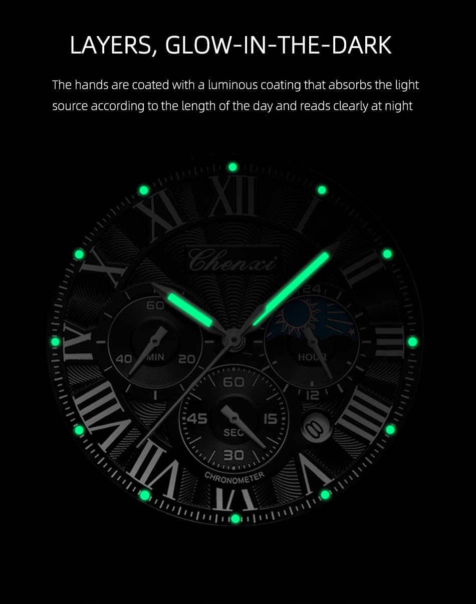 FANMIS Men's Classic Multifunctional Military Sports Analog Watch Business Dress Waterproof Luminous Chronograph Starry Sky Moon Phase Leather Wristwatch: X Gold Black