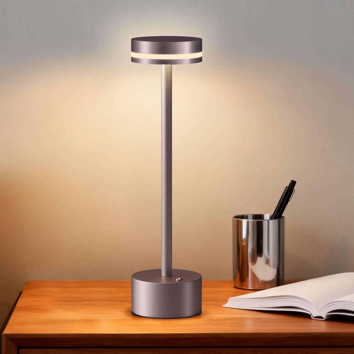 Wireless Rechargeable LED Table Lamp with Touch Sensor, Aluminum Housing, USB-C Charging Port, 3000 K Portable Metal Nightstand Lamp (Brown)