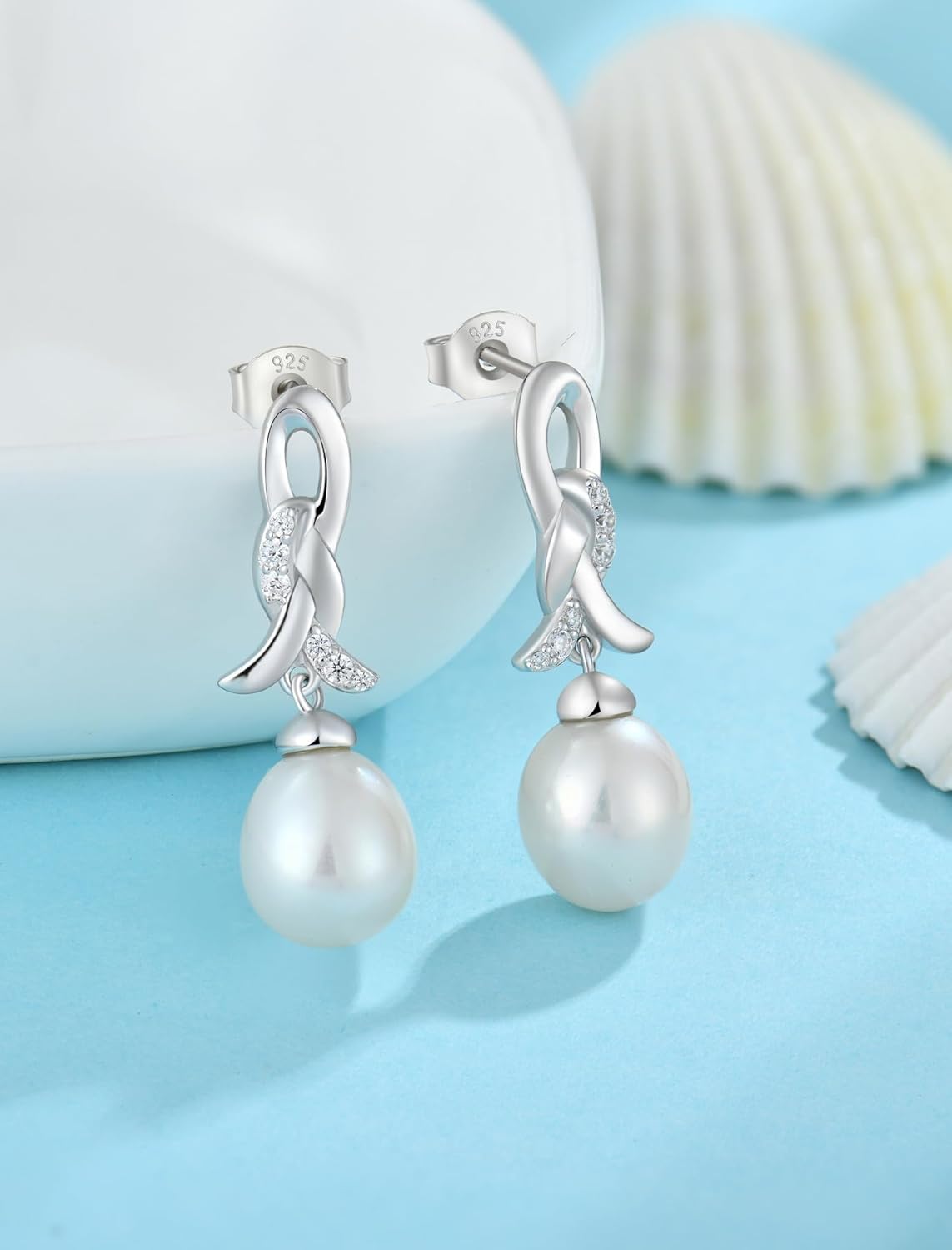 Freshwater Pearl Earrings 925 Sterling Silver Infinity Knot/Leaf Dangle Earrings Gifts for Women Mom - Image 6