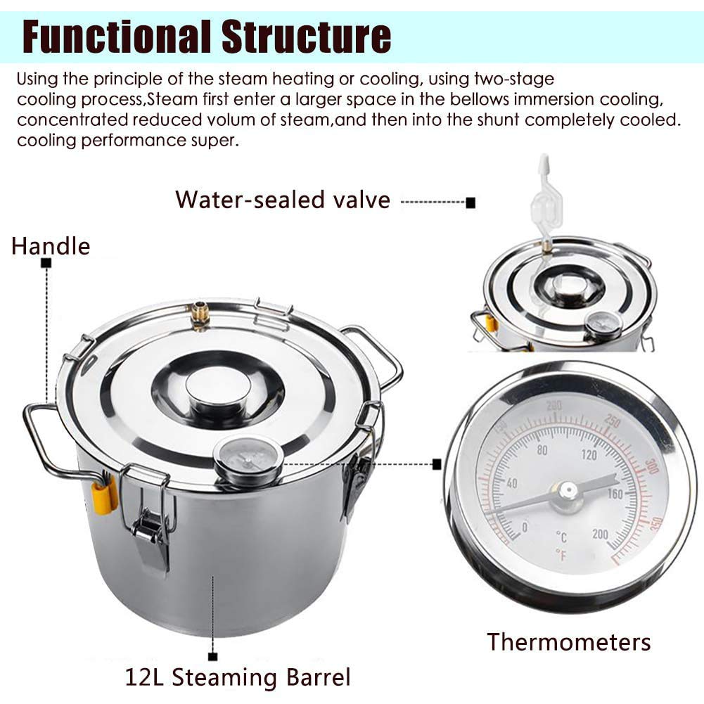 JIXIN Alambique, 3Gal 12L Destilador De Alcohol Moonshine Todavía Termómetro Incorporado Kits De Destilación Caldera Kit De Elaboración Casera De Acero Inoxidable (3Gal / 12L)