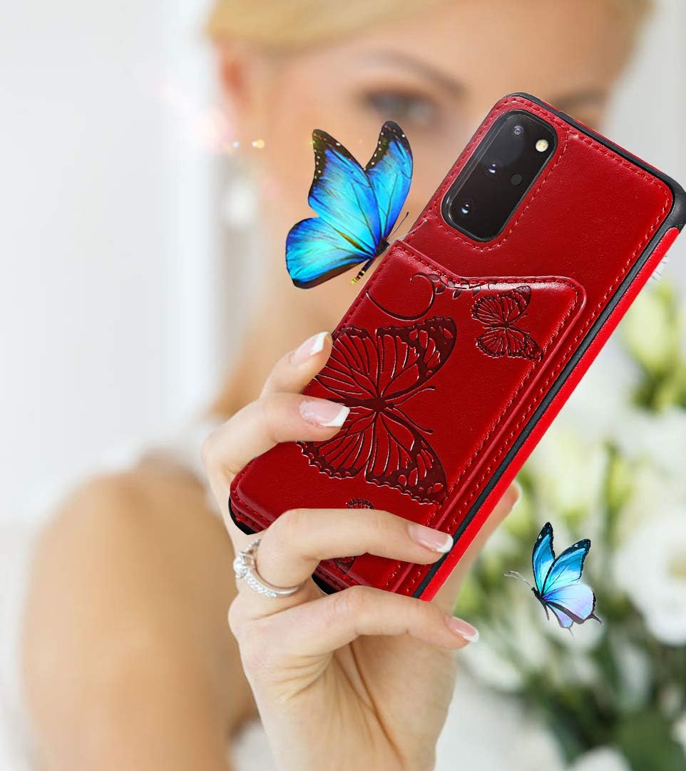 Vodico Samsung S20 Plus Case Wallet,Galaxy S20+ Case with Card Holder, Slim Protective Embossed Butterfly Leather Flip Folio Magnetic Closure Full Body Stand Phone Cover for Women/Girls (Red)