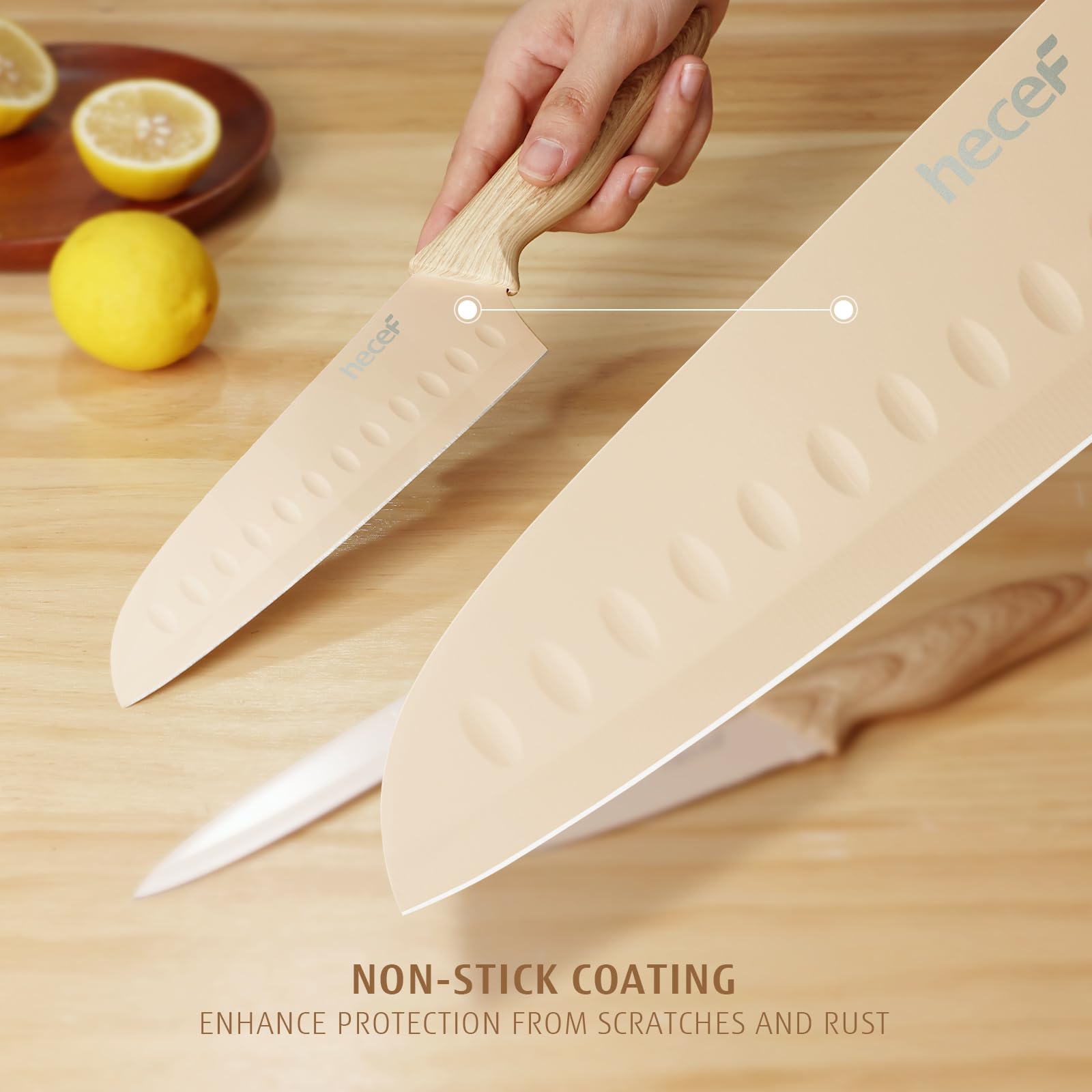 hecef Juego de Cuchillos Cocina 3 Piezas, Acero Inoxidable, Mango Efecto Madera, Santoku, Multiusos, Pelador