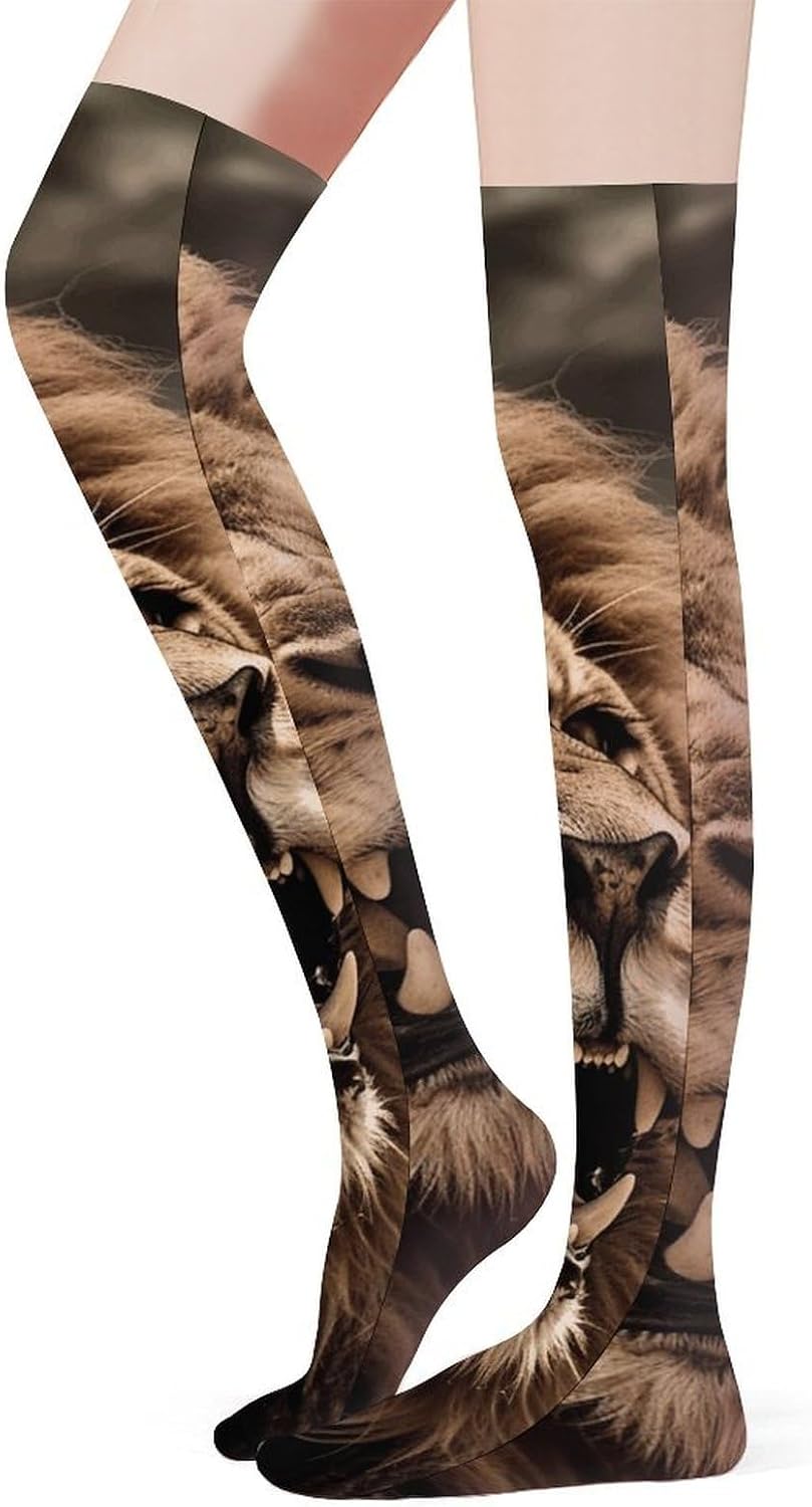 Angry Lion Knee High Stockings for Women 23.6" Breathable Thigh High Stockings Over The Knee Socks