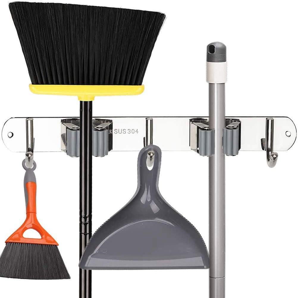Broom Mop Holder, Stainless Steel Heavy Duty Wall Mount Storage Organizer Tools Hanger with 2 Racks 3 Hooks for Kitchen Bathroom Closet Garage Office Garden (2 Racks 3 Hooks)