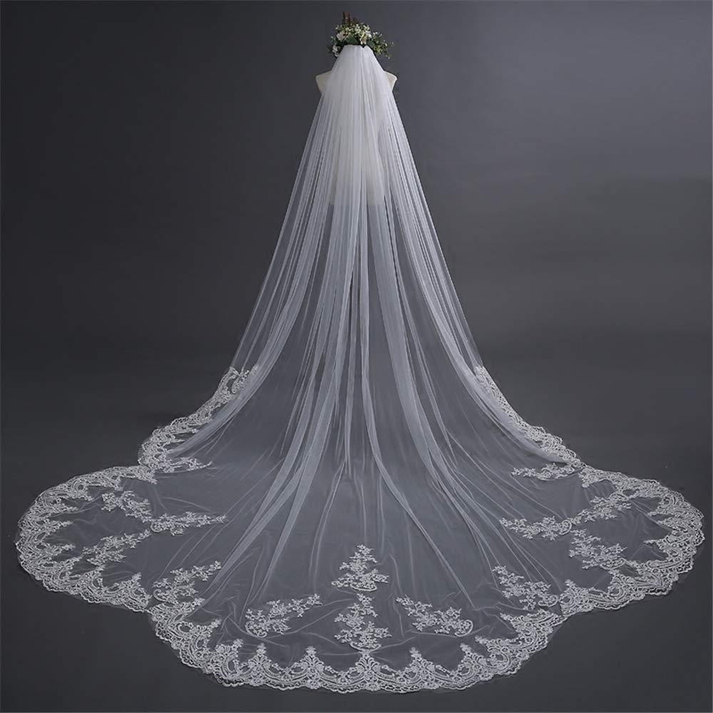 Velo de boda de 2 animales, velo de novia, hecho a mano, encaje floral, borde de corte elegante, largo catedral, tul suave simple con peine, 4 m