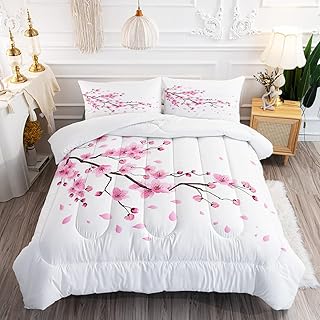 Oriental Romantic Flourishing Cherry Sakura Flower Branches Comforter Set for Girls Kids Teens, Queen Size Pale Pink Blossom Petal Quilted Duvet with 2 Nature Plant Pillowcases-90 x90(Pink, Queen)