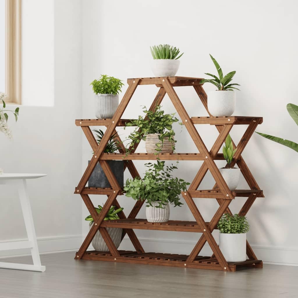 Soporte para flores de madera maciza de abeto carbonizado, 110 x 25 x 105 cm, resistente estantería para plantas con mucho espacio para decoración, ideal para salón, balcón o terraza.