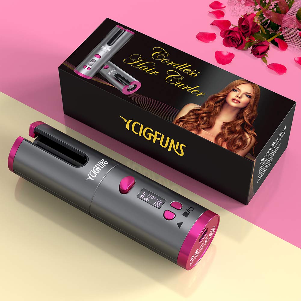 Cordless Hair Curler, Automatic Curling Iron, Rechargeable Auto Rotating Ceramic Barrel Hair Curler Fast Heating with 6 Temperature & Timer Settings, Auto Shut-Off Portable Hair Curling Wand… (Grey)