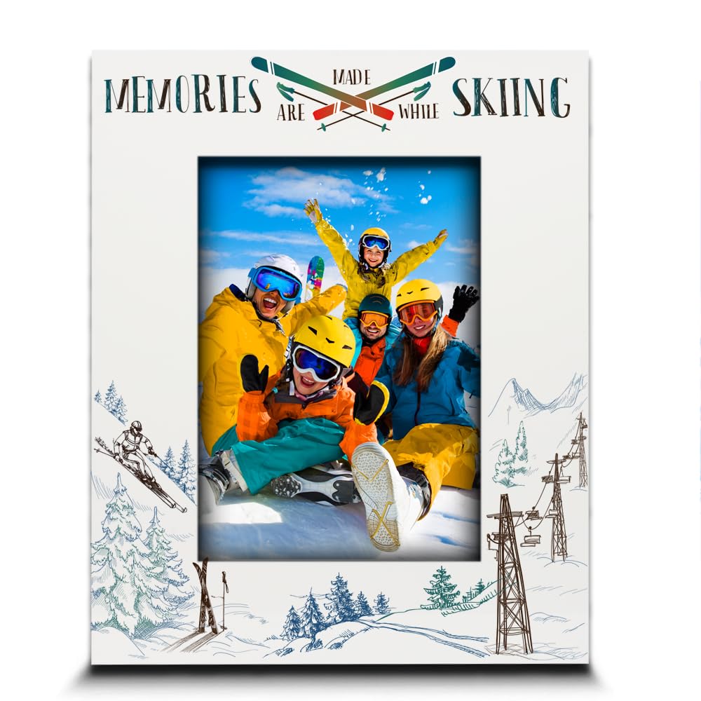 BELLA BUSTA-Ski theme-Memories are Made While Skiing Picture Frame-Ski Trip-Skiing adventures- Family, Friends Mountains Vacation (5x7 VERTICAL)