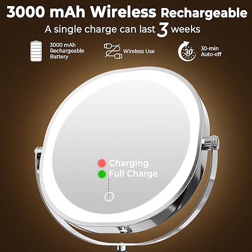 Miniatura 2 de Espejo de maquillaje iluminado montado en la pared de 9 pulgadas, 3000 mAh recargable de doble cara 1X10X espejo de aumento con gancho, 3 luces de