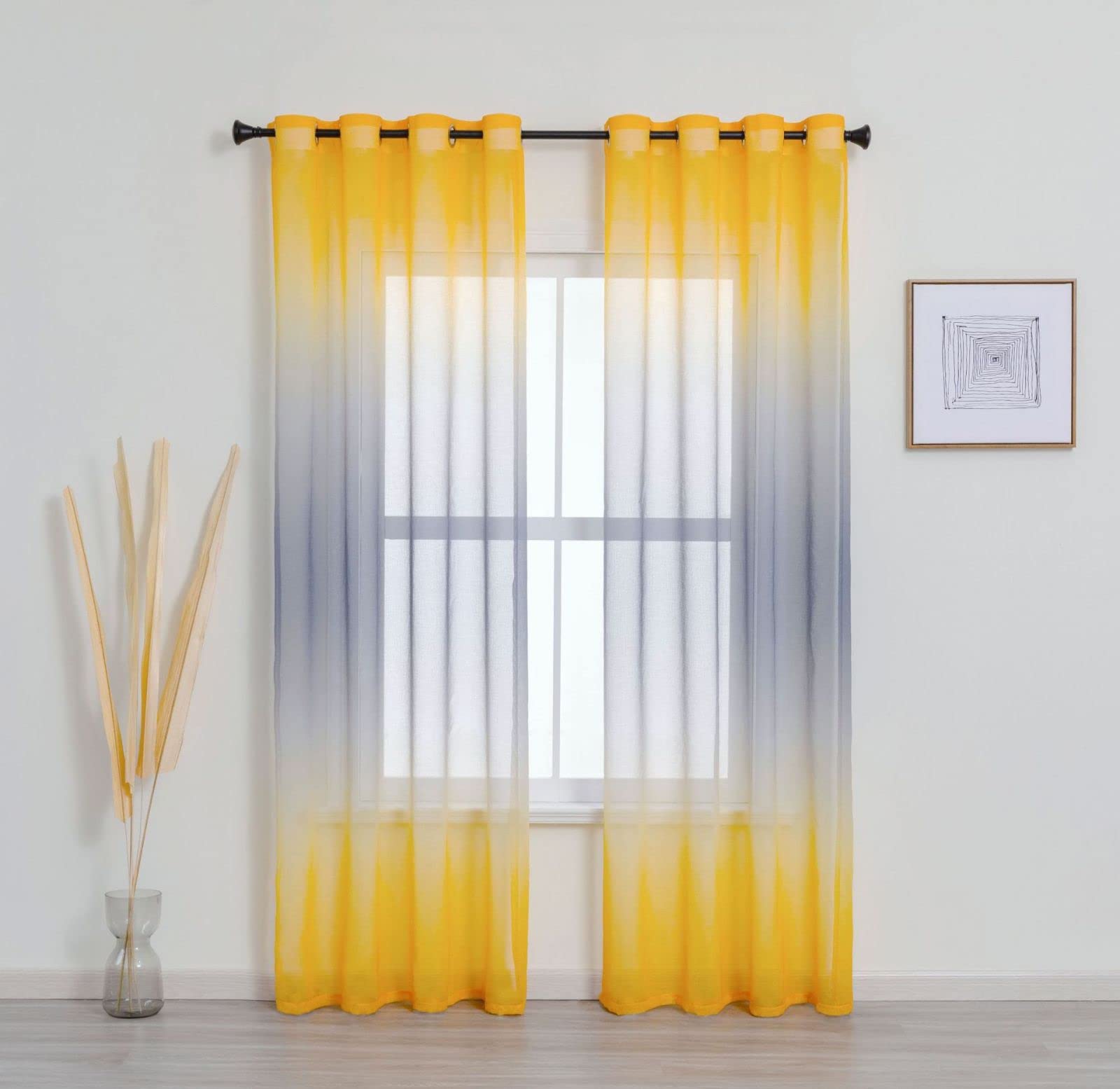 NCWANG Voile Curtains, Yellow Gray Gradient Lace Curtain for Bedroom, Linen Voile Eyelet Net CurtainsEmbroidered Curtain 2 Panel, 67 x 55 Inch (Width x Length) for Apartment/Hotel Dorm