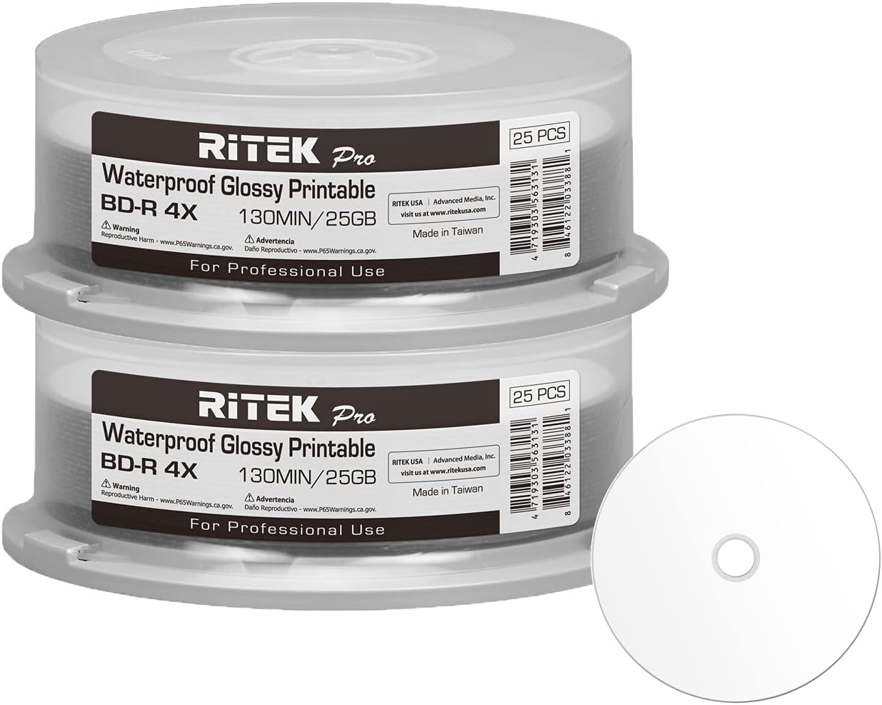 50 Pack Ritek Pro (Professional Grade) BD-R Blu-ray 4X 25GB Watershield Water Resistant Glossy White Inkjet Hub Printable Blank Recordable Disc
