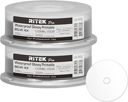 50 Pack Ritek Pro Professional Grade BD-R Blu-ray 4X 25GB Watershield Water Resistant Glossy White Inkjet Hub Printable Blank Recordable Disc