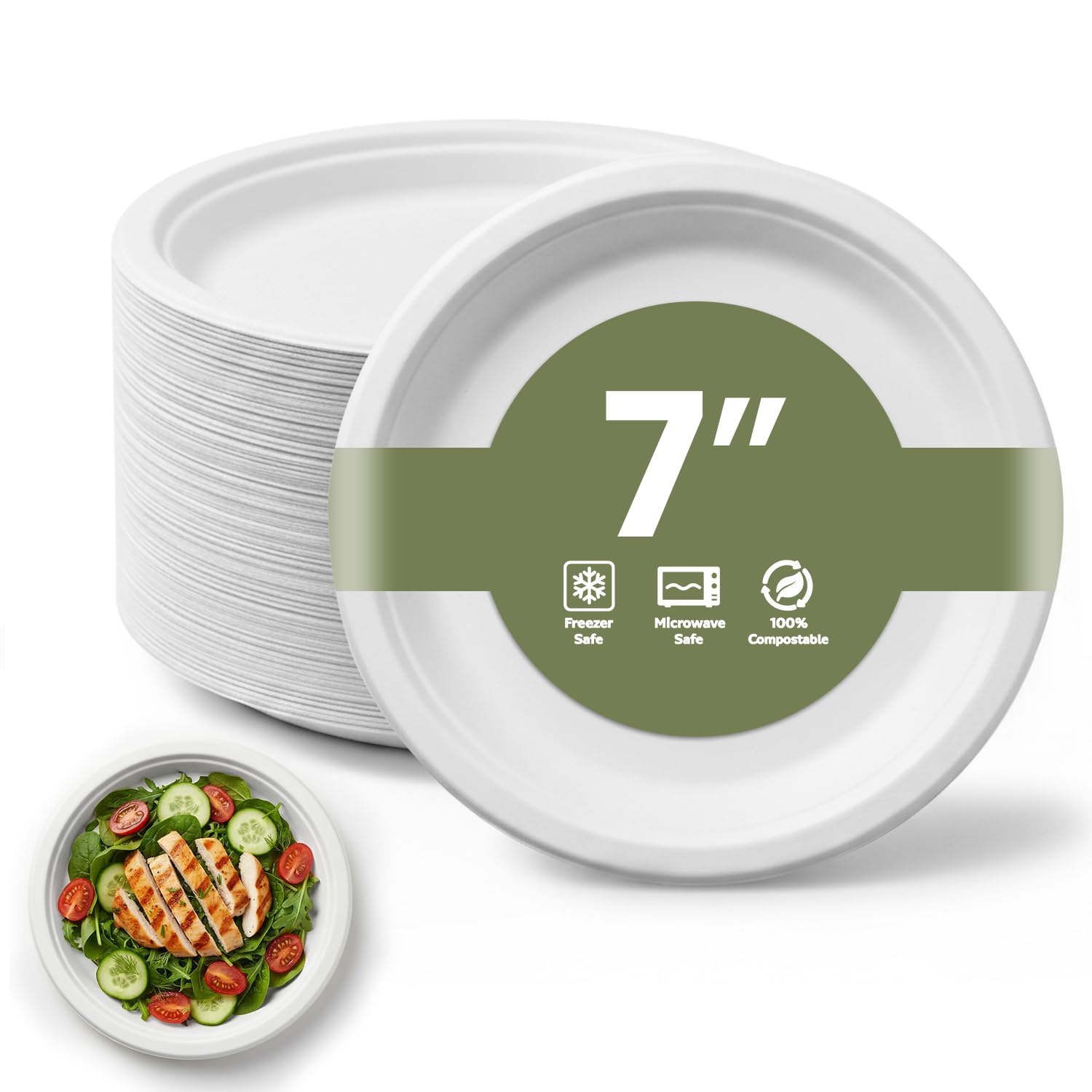RAP Gloves 7" Bagasse Round Plates – 120pcs –100% Sugarcane Fiber Biodegradable & Compostable Disposable Plates – Heavy‑Duty Food‑Safe Plates for Hot and Cold Foods, Snacks, Takeaway.