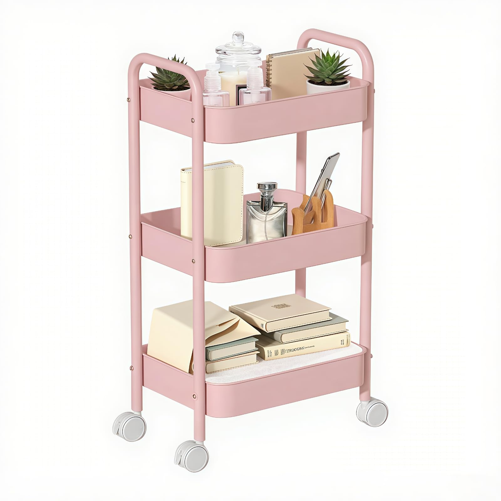Storage Cart, Metal 3-Tier Rolling Utility Cart with Handle, Storage Trolley Cart on Wheels, Easy Assembly for Kitchen, Bathroom, Office, Bedroom, Veg Rack and Multi-Purpose Organizer(Pink)