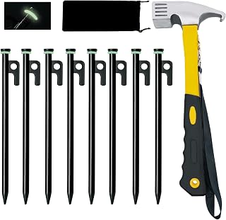 8 Pack Tent Stakes with Hammer, 8in Heavy Duty Tent Stakes + 10in Camping Hammer+Storage Pouch, Forged Steel Stakes for Camping Used on Rocks(8Pcs 8in Stake and Hammer)