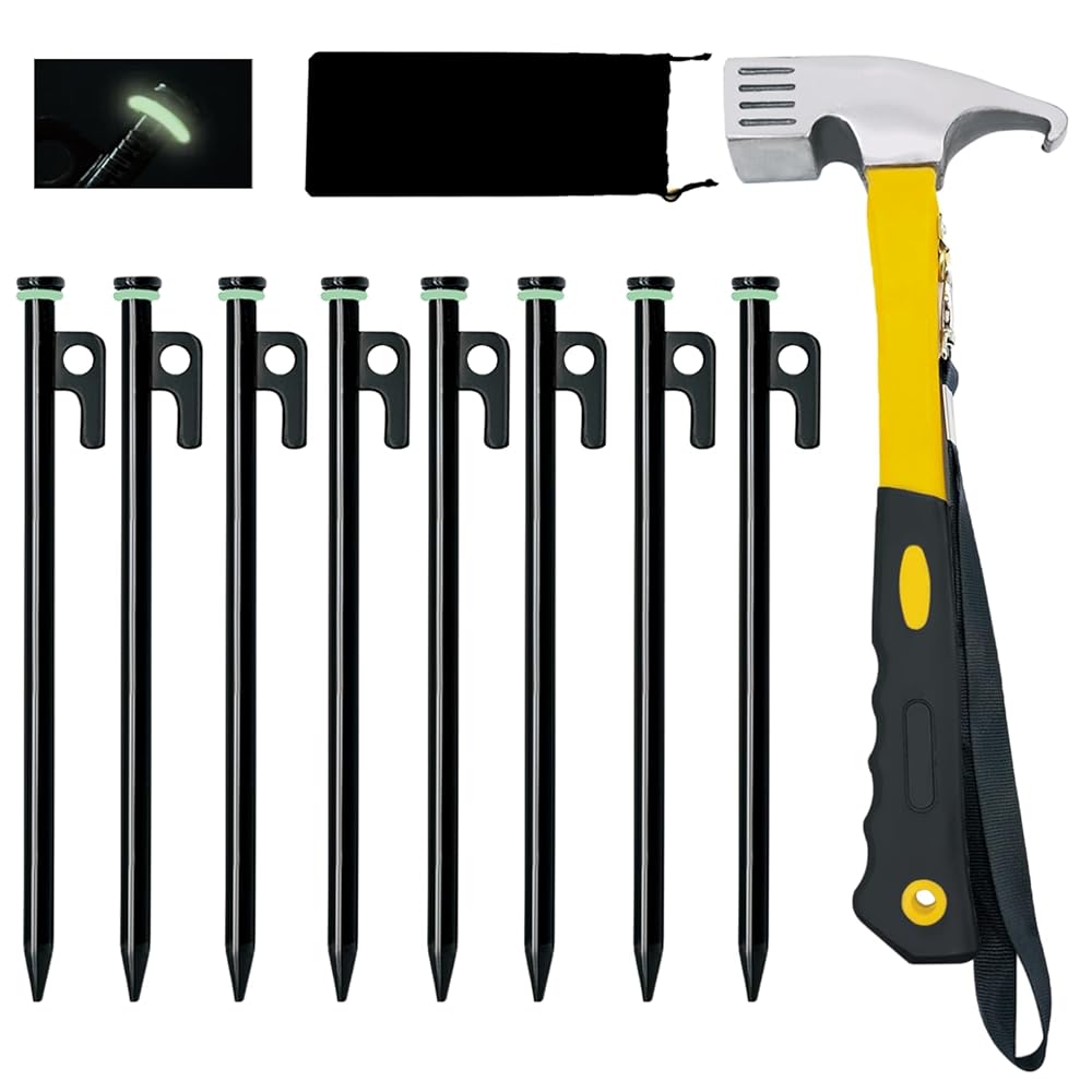 8 Pack Tent Stakes with Hammer, 8in Heavy Duty Tent Stakes + 10in Camping Hammer+Storage Pouch, Forged Steel Stakes for Camping Used on Rocks(8Pcs 8in Stake and Hammer)