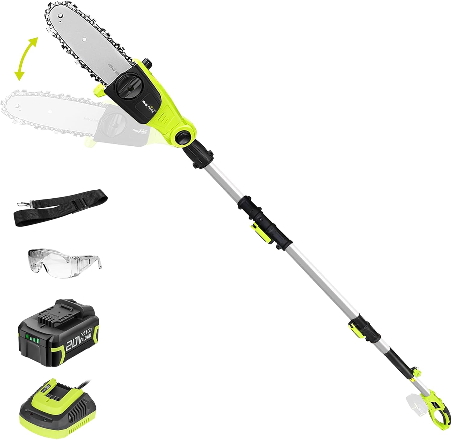 SnapFresh Brushless Cordless Pole Saw, 20V Lightweight Electric Tree Trimmer with 4.0Ah Battery & Fast Charger, 13 ft Reach,8” Cutting Bar, 3 Adjustable Angles, Auto-Oiling for Backyard Tree Trimming