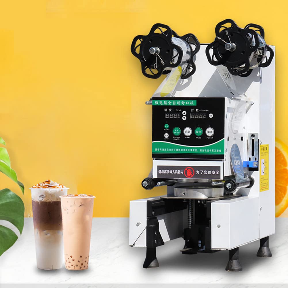 AYCDL Fully Automatic Milk Tea Cup Sealing Machine 480W Commercial Cup Sealer with Digital Control Panel, 760cups/h Tea Auto,Black,White