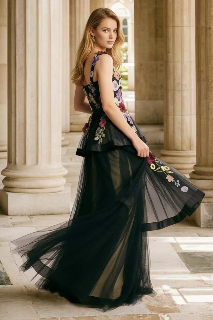 3D Floral Applique Prom Dresses for Women Spaghetti Strap Flower Embroidered Wedding Formal Evening Gown