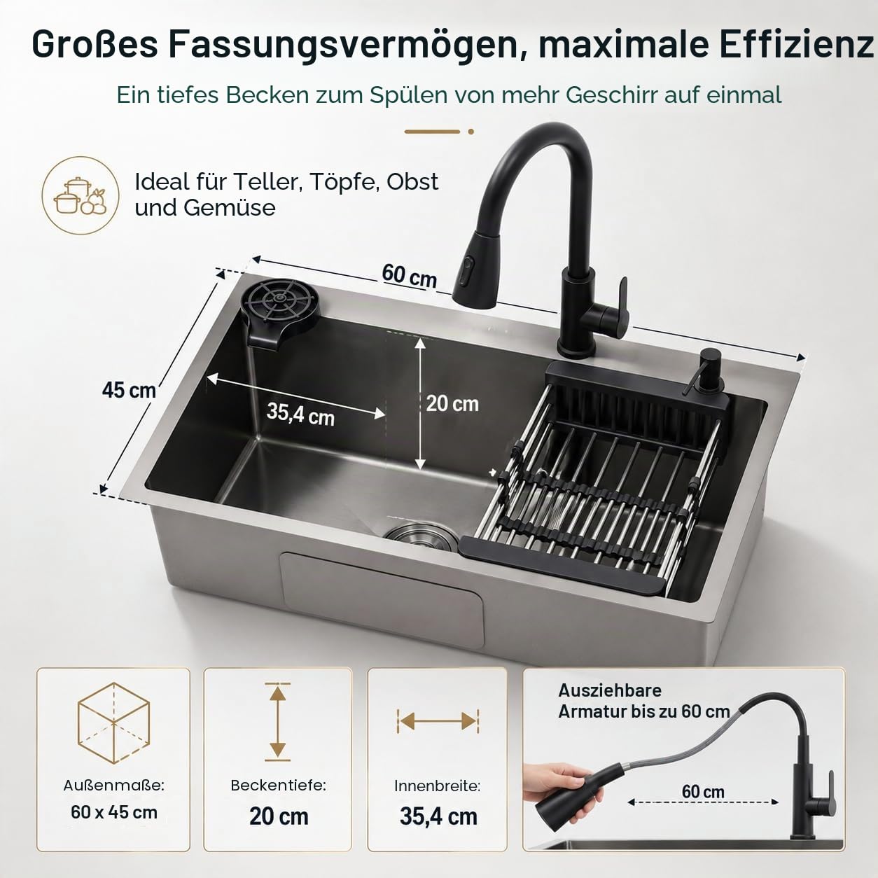 Edelstahl-Spüle, 1 Becken, 60 x 45 cm, kommerziell, Küchenspüle, Einbauspüle, Nanobeschichtung, drehbarer Wasserhahn und Abflusskorb – Schwarz