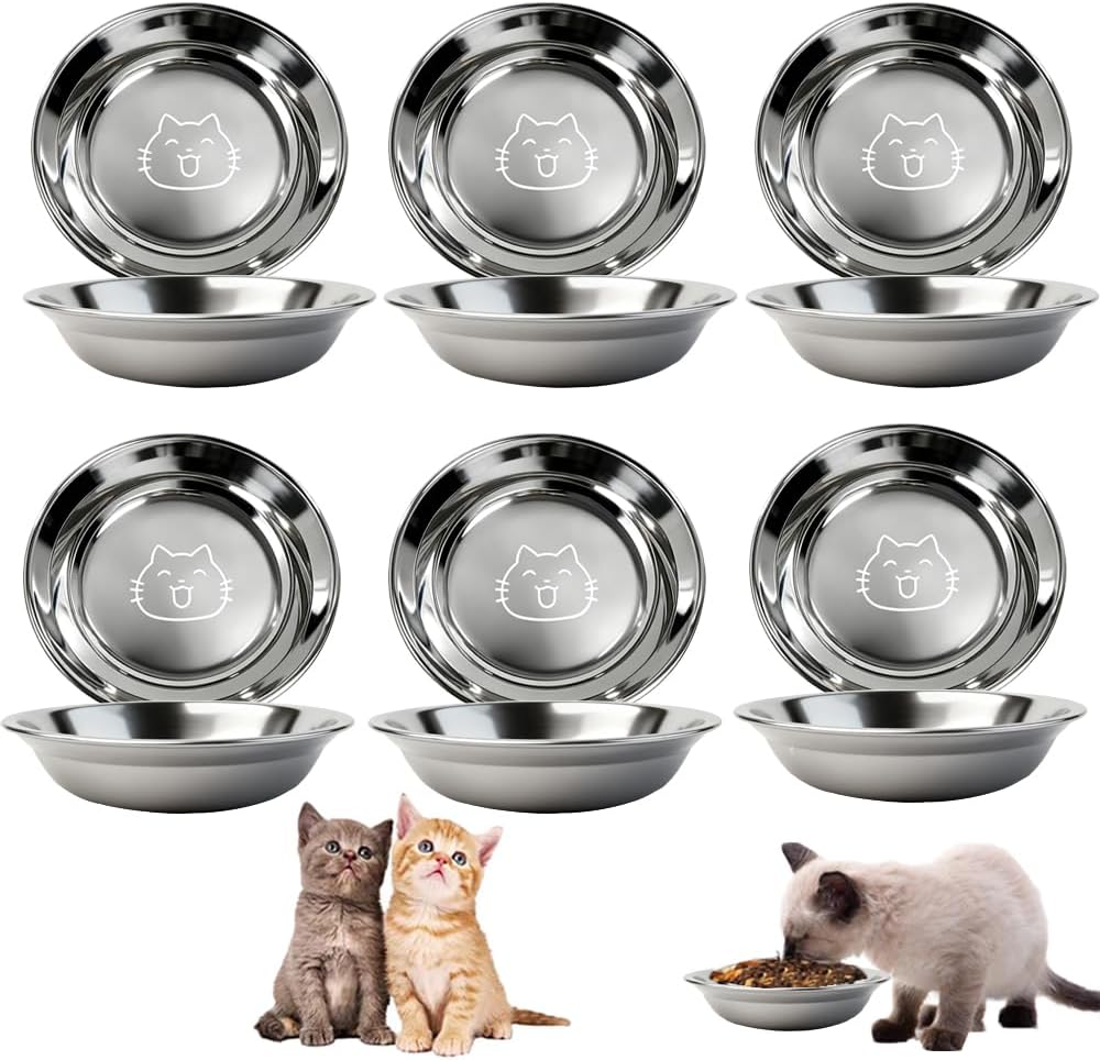 6pcs Cat Bowls Stainless Steel Cat Bowl Cat Water Bowl Cat Food Dish Bowls Plates Whisker Fatigue Small Dog-Bowls Wide Shallow Feeding Cat Dishes for Indoor Cats Kitten Rabbit Small Dogs Pet Bowls