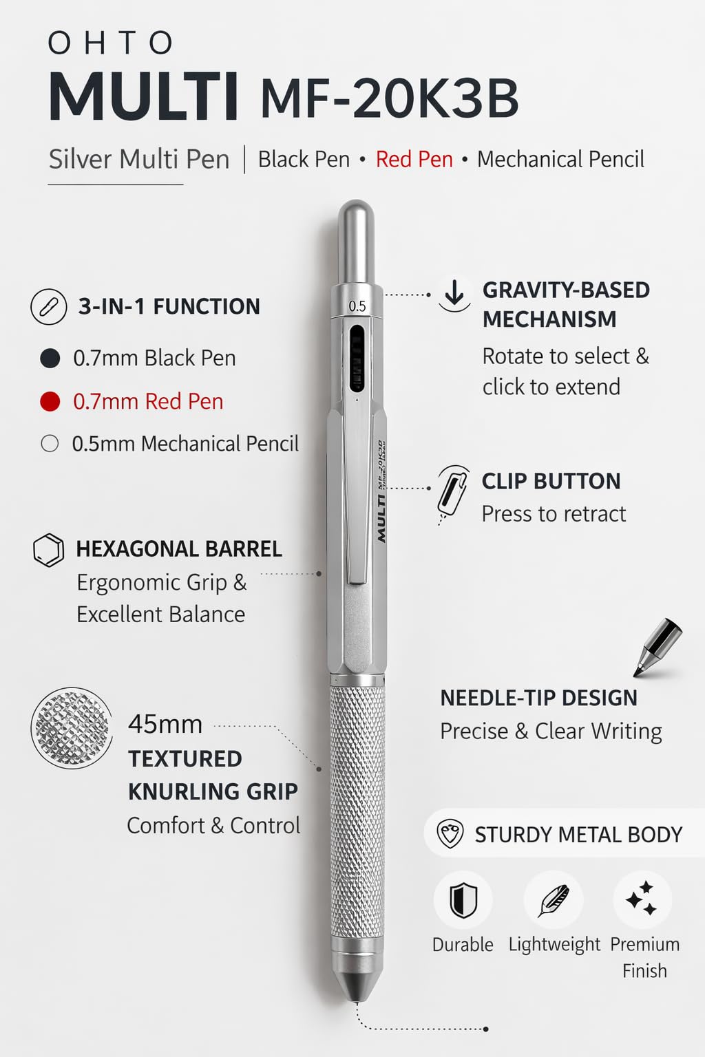 文房具・ステーショナリー mi-toyo OHTO MF-20K3B 3-in-1 Multi Pen – 0.7mm Black & Red Ink Ballpoint +