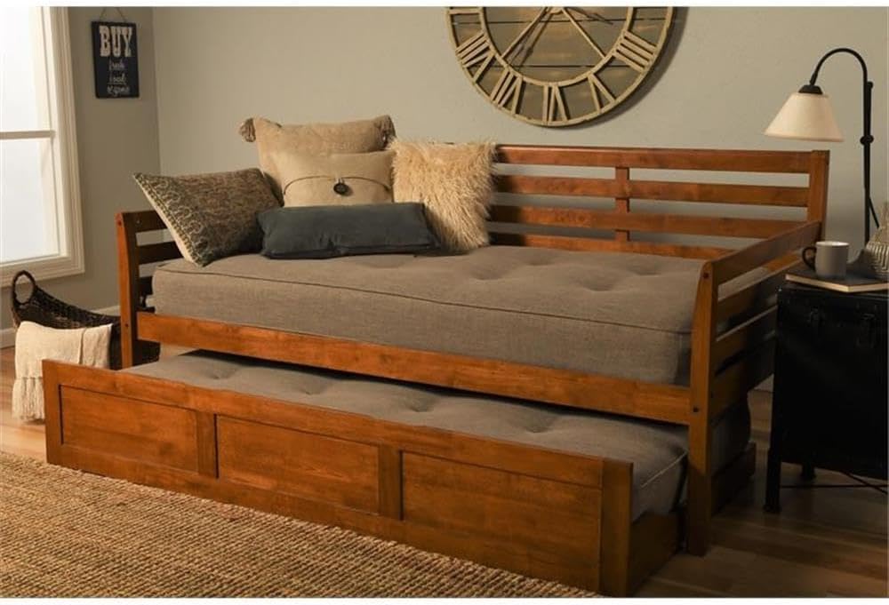 Kodiak Furniture Twin Size Daybed with Trundle, Wooden Slats in Wood, in Brown, No Box Spring Needed, Easy Assembly