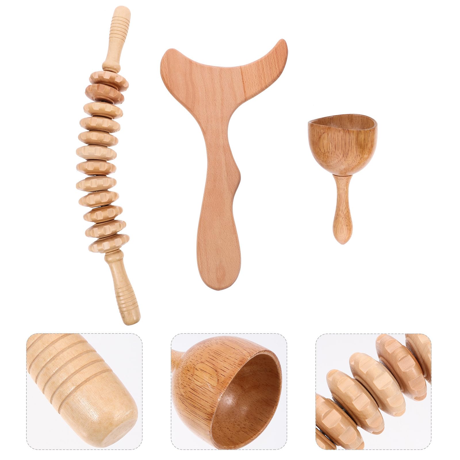 Massaggiatore Muscolare in Legno Kit 3 Pezzi Bastone Rotante, Strumenti per Massaggio Corpo e Testa, Adatto per Massaggi Linfodrenanti e Modellamento Corpo
