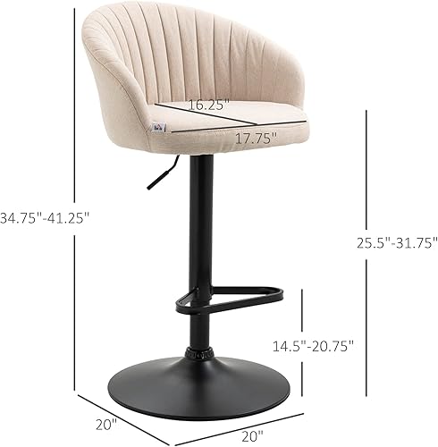 Miniatura 3 de HOMCOM Juego de 2 taburetes de bar ajustables modernos taburetes de cocina tapizados de tela con asiento giratorio marco de acero reposapiés beige