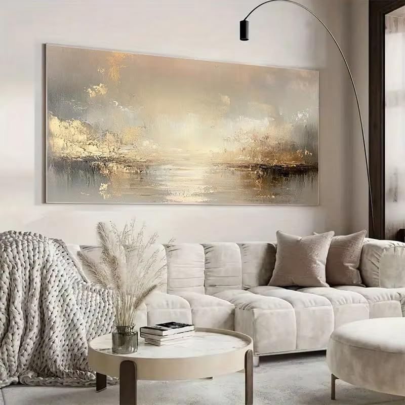 AEXOIO Großes abstraktes Ölgemälde in Beige und Gold mit Struktur – rahmenloses Wandbild für Wohnzimmer, Schlafzimmer, Wanddekoration 100x200cm/39x79in