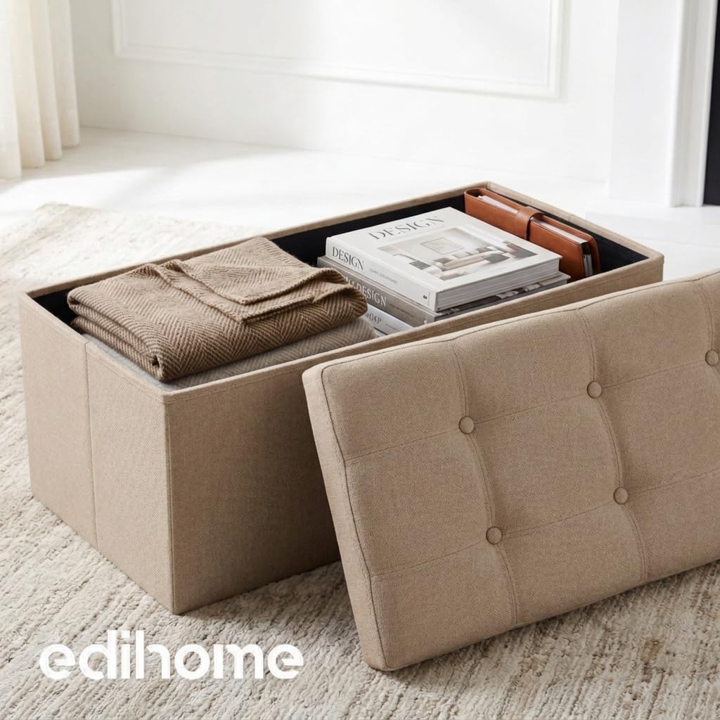 edihome, Puff Almacenaje Plegable, (38 x 76 x 38cm), Baul, Otomana con Tapa – Banco de Tela Organizador y Asiento para Dormitorio y Pie de Cama (Beige Tostado, 38 x 76 x 38 cm) — view 7