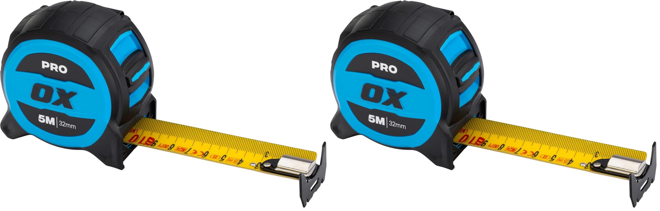 OX Pro - Cinta métrica métrica de 5 m, hoja de nailon resistente con revestimiento de 32 mm de ancho, gancho doble magnético, 4 m destacado y alcance de 4,5 m (Paquete de 2)