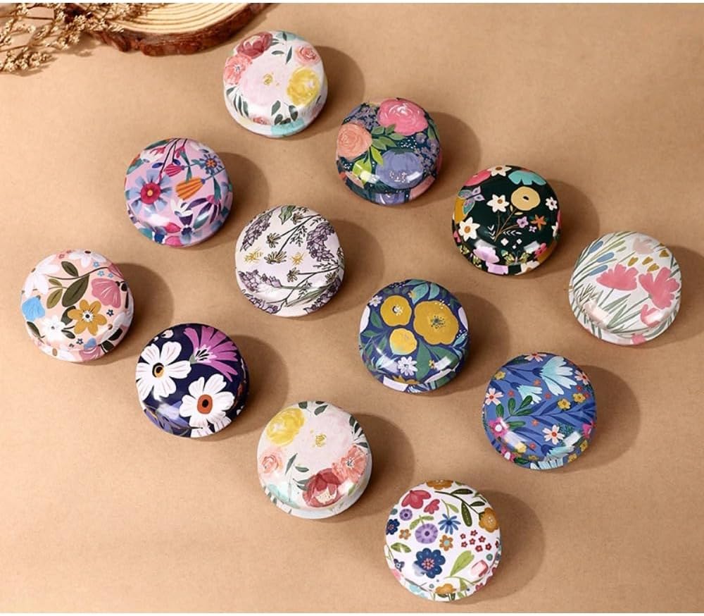 12 Pcs Reusable Mini Round Tin Boxes with Lids, Small Daisy Floral Vintage Travel Tinplate Cans Refillable Storage Container Kit for Lip Balm Salve Eye Shadow Powder (Multicolor)