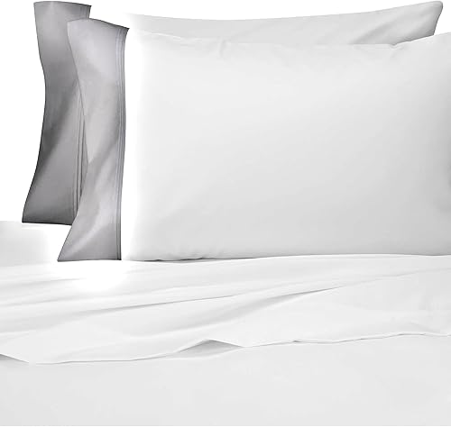 Miniatura 3 de BEDLAM Sábanas 100% algodón  Lujosas sábanas de algodón blanco de 800 hilos con un borde italiano gris, juego de sábanas de satén de 6 piezas,