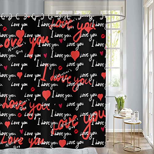Gkleasg Valentine's Day Shower Curtain For Bathroom Alphabet Love You Red Love Heart Shower Curtain Set Black Fabric Bathroom Decor Curtains With Hooks Waterproof Machine Washable 72"X72" #TOP1