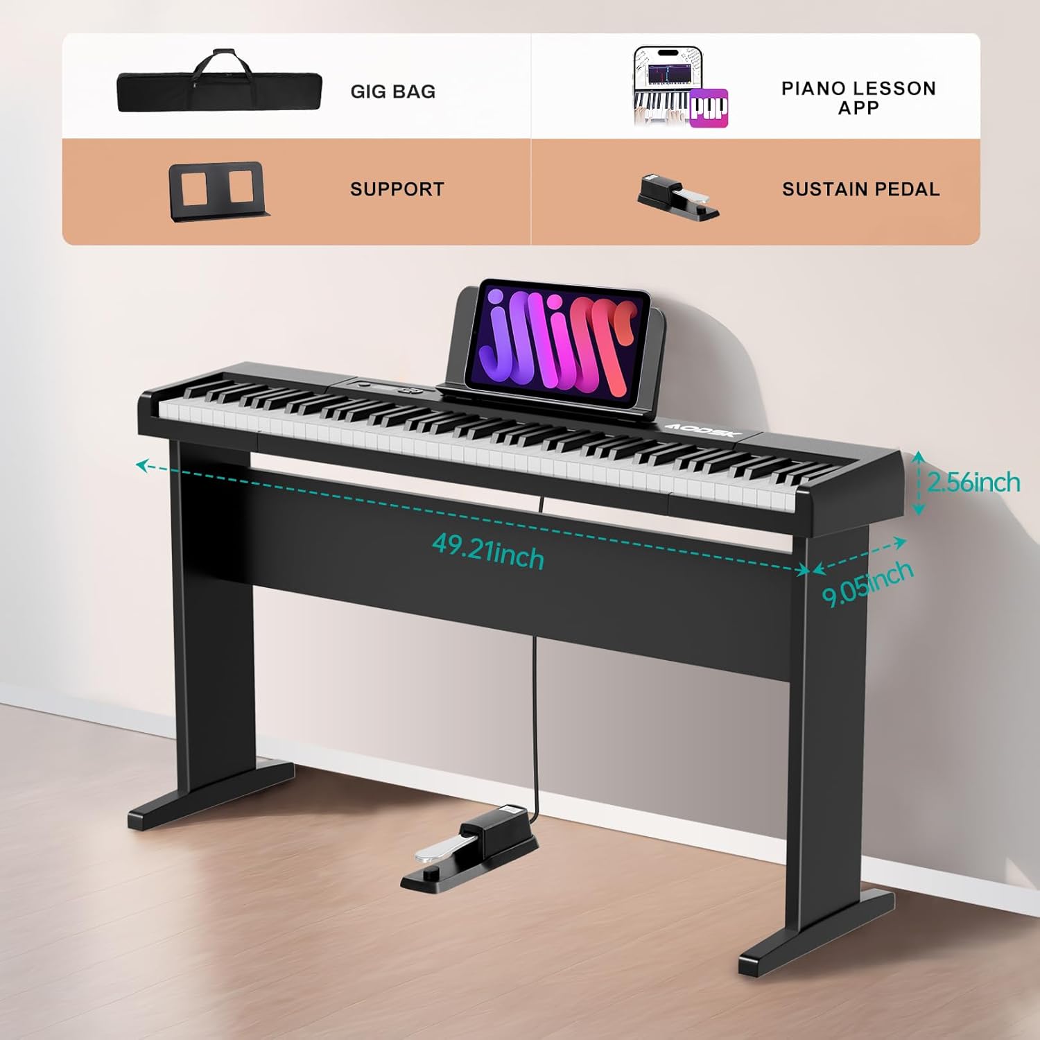 Aodsk 88 Key Digital Piano Bundle with Double X Keyboard Stand - Complete Piano Setup for Beginners, Portable Electric Piano with Stand, Sustain Pedal, Carrying Case & Online Lessons