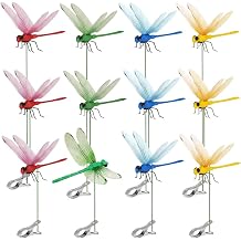 12 Pack Dragonfly Clips for Garden Decor, Plant-Safe Reinforced Clips that Won't Snap, 3D Lifelike Fake Dragonflies in 4 Colors, Weatherproof PVC Yard Ornaments for Flower Pots & Patio
