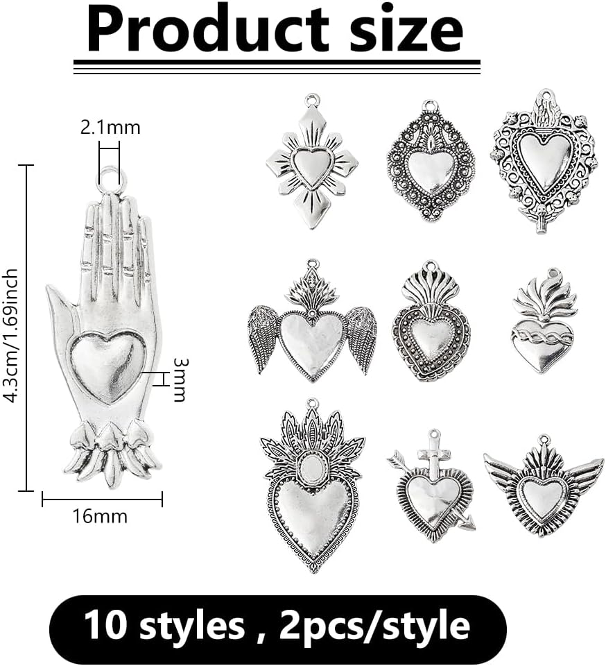 DICOSMETIC 20Pcs 10 Styles Sacred Heart Charm Pendant Gothic Heart Charms Alloy Vintage Love Charms Antique Silver Tibetan Charm for Bracelet Necklace Earring Jewelry Making - Image 2