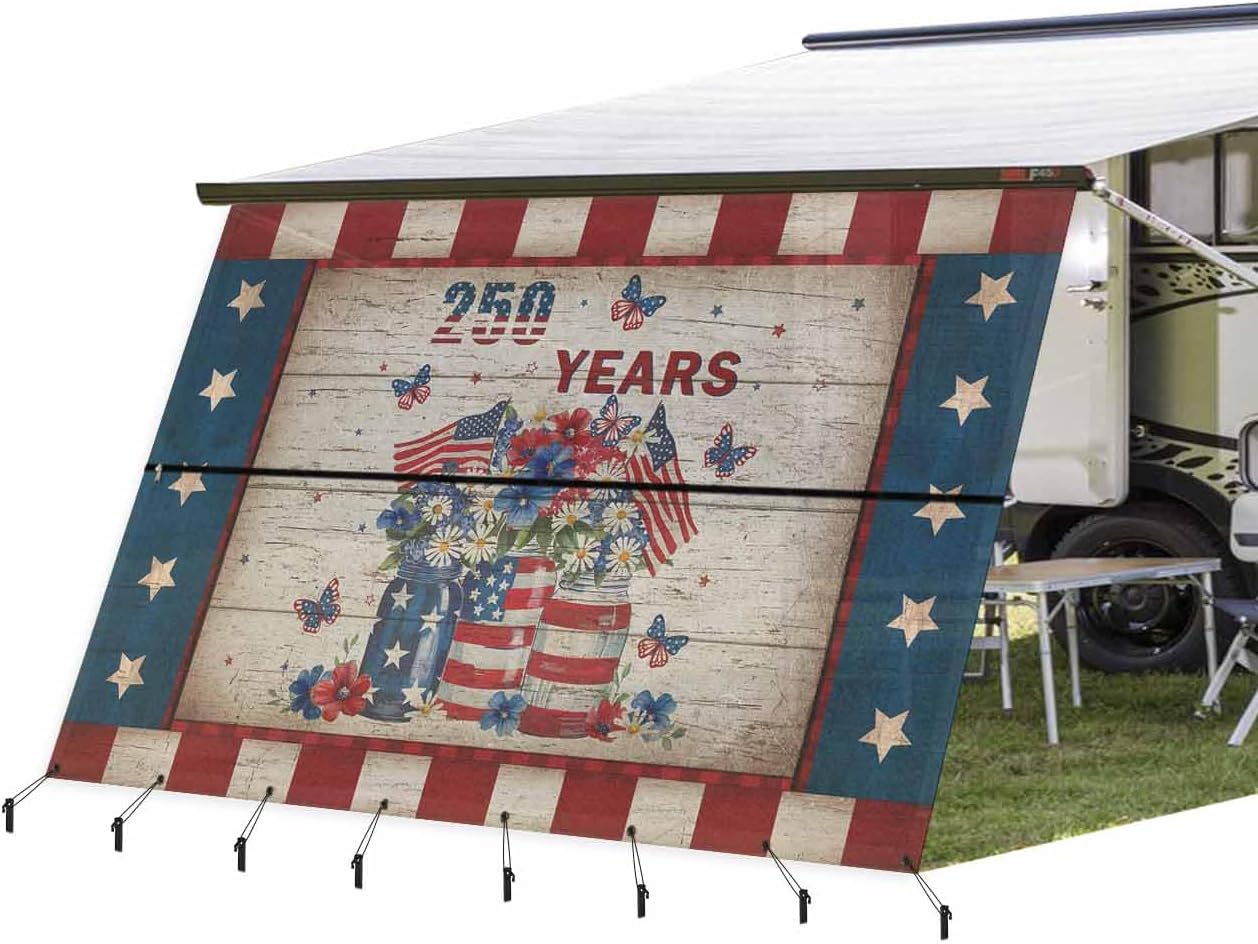 RV Awning Sun Shade Screen 9' x 13'3", 250 Anniversary USA Flag Mesh RV Awning Shades Complete Kits, Vintage Floral Butterfly Vintage Sunlight Blocker Outdoor Canopy for Camping Trailer Motorhome