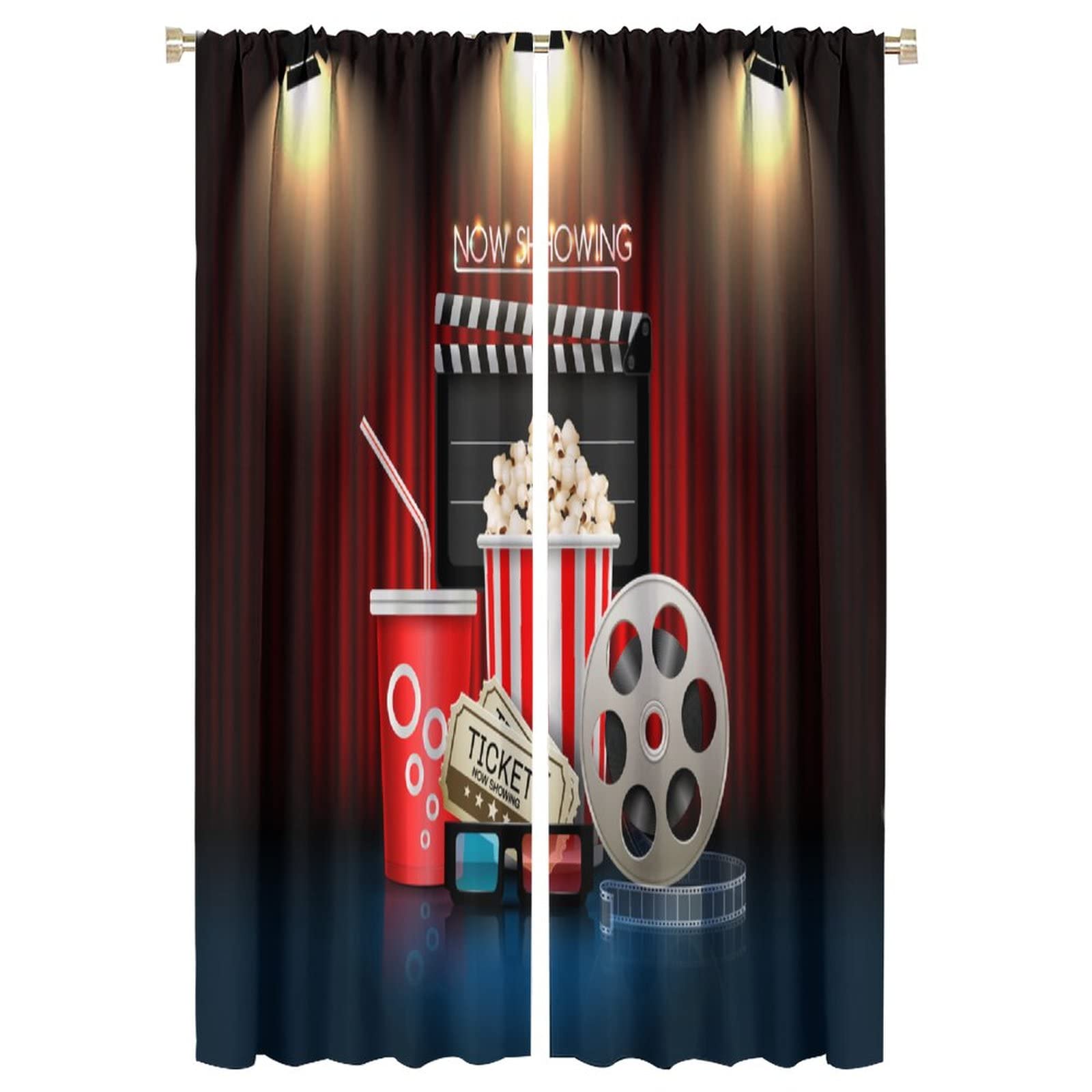 BenYaSong Vintage Cinema Movie Theater Blackout Window Curtain Carpet Home Theater Decor for Home Kitchen Restaurant Decoration Window Curtain 2 Panels 42x63in