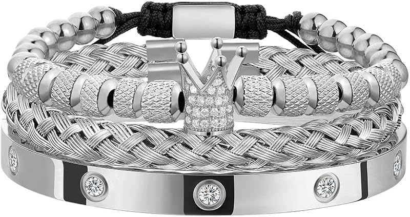 3PCS Stainless Steel Imperial Crown Bracelets for Men Gold Roman Numeral Bangle Bracelet Adjustable Cuff Bracelet Mens Luxury Jewelry Gifts