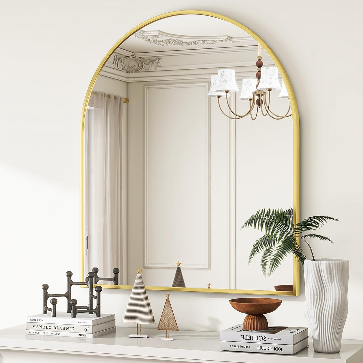 Arched Wall Mirror, 31 x 32 inch Arch Bathroom Mirror, Wall Mounted Vanity Mirror with Arch Metal Frame, Modern Bathroom Vanity Mirror for Bedroom, Living Room, Hanging or Leaning, Gold