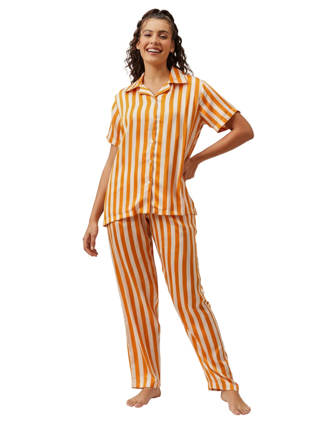 clovia Women's Satin Striped Button-Down Shirt & Pyjama Set in Orange-picture-16
